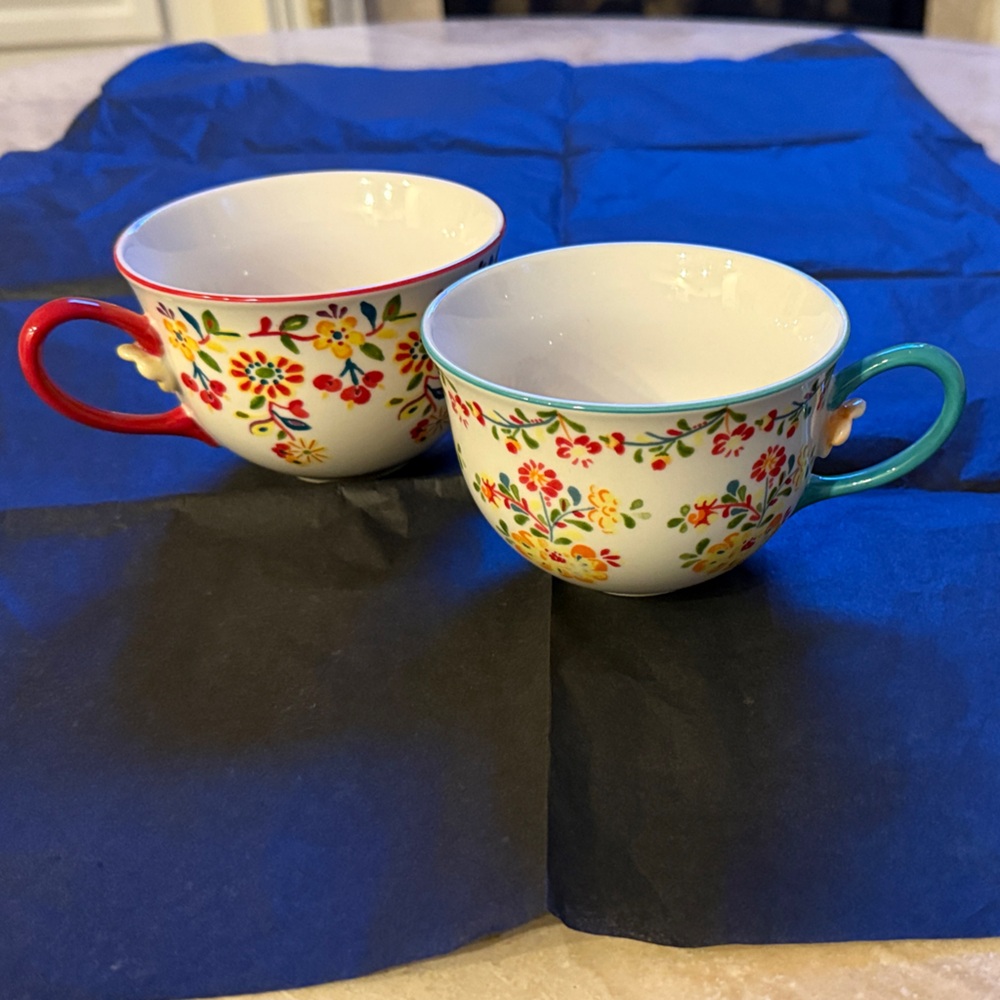 2 Vintage Anthropologie Cadiz Floral Tea/Coffee Cups - 3D Flower